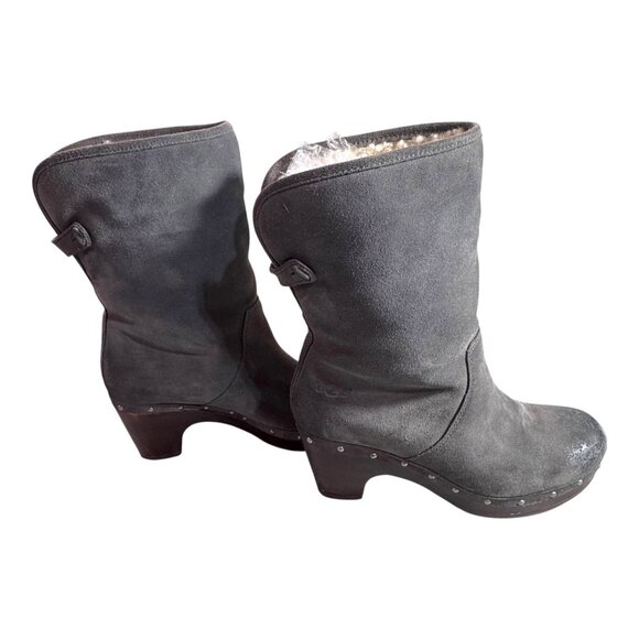 UGG Boots Women 6 Gray Leather Lynnea Fold Over Lined Wooden Clog Booties READ - Picture 11 of 12